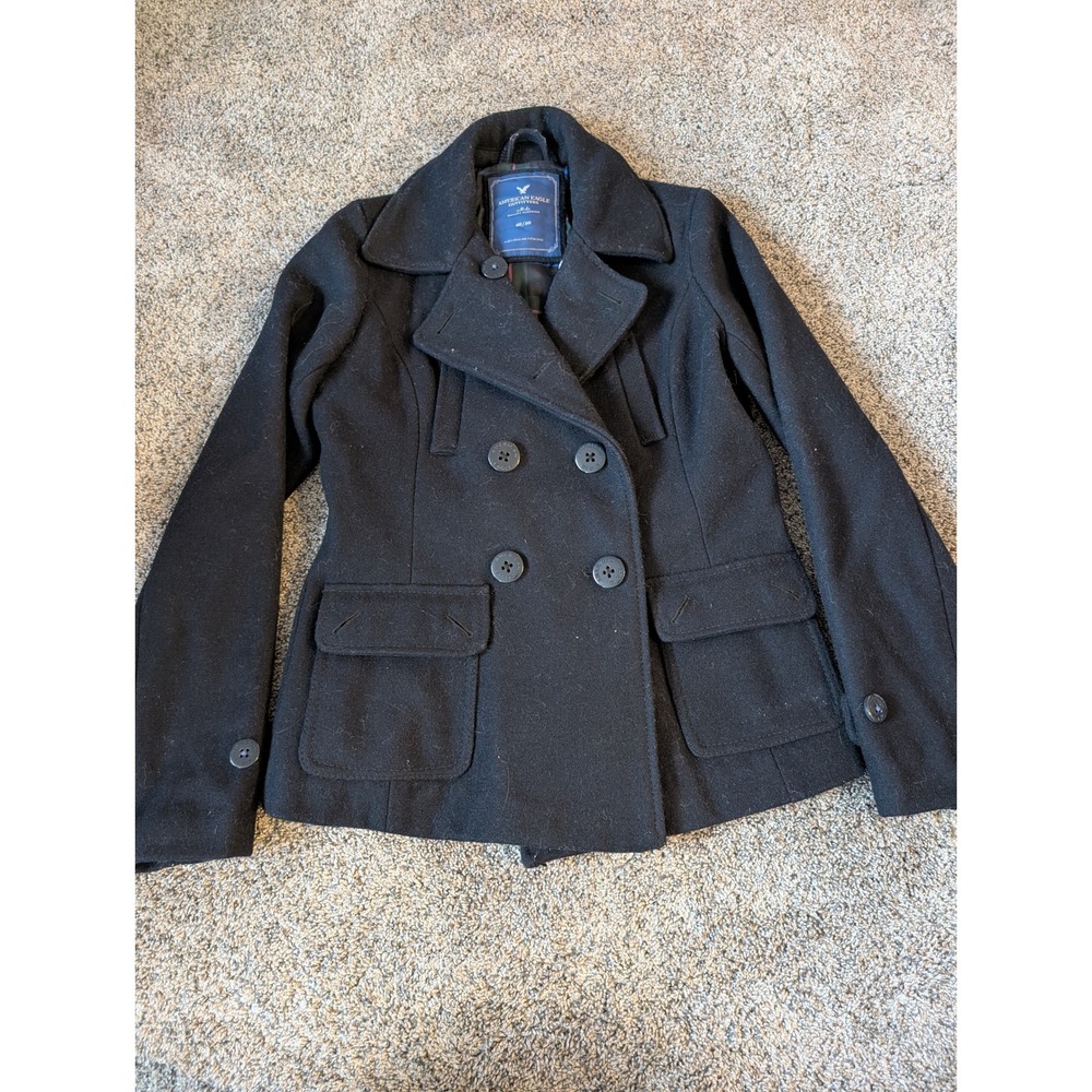 American Eagle Womens Black Wool Blend‎ Double Breasted Pea Coat Plaid Lining M